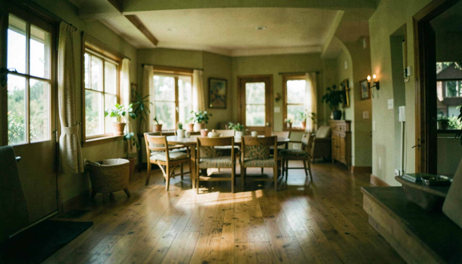 Warm, welcoming interior space with soft natural light filtering through windows, wooden floors, and an open gathering area in muted earth tones