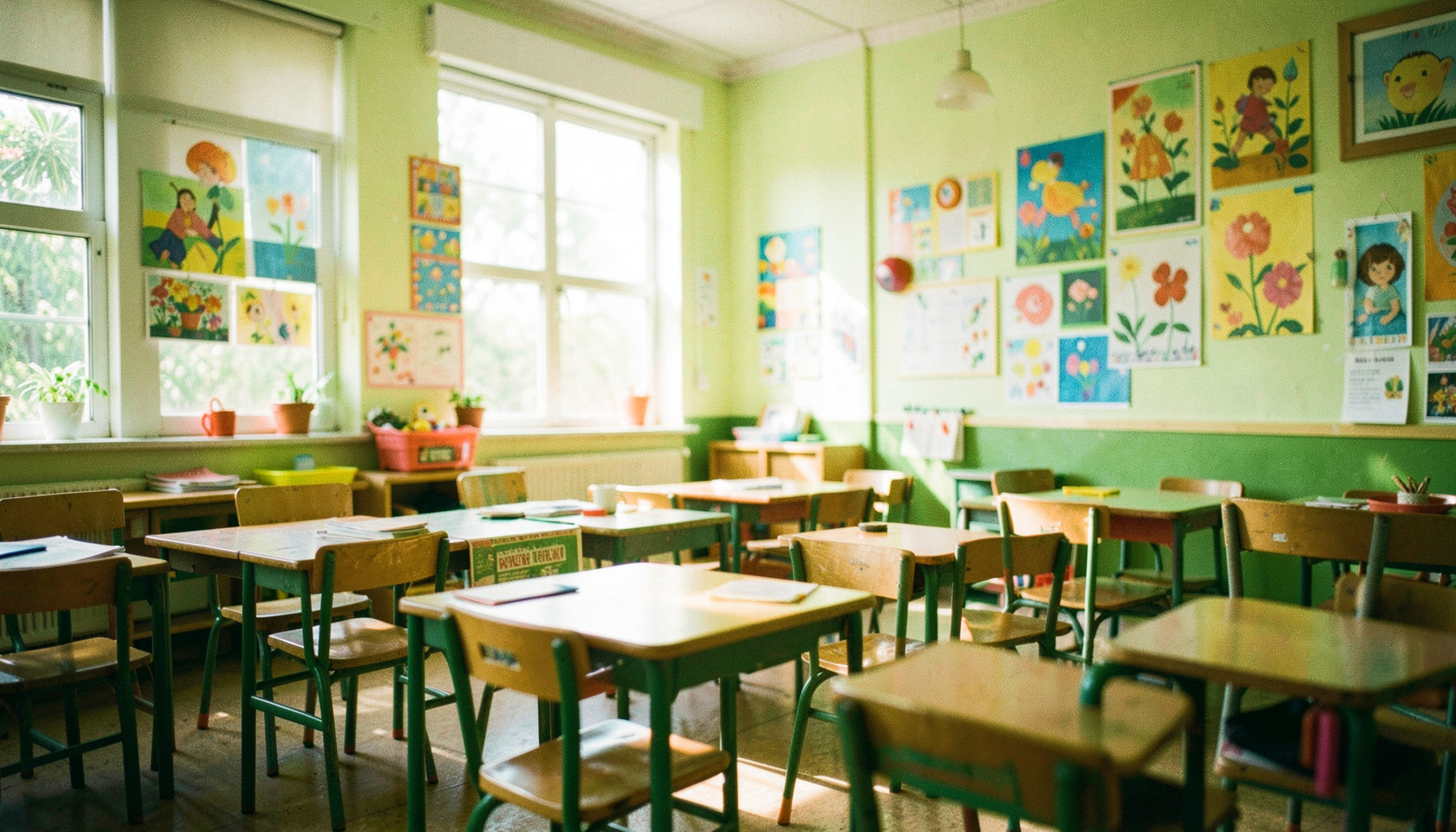 Bright, cheerful classroom with colorful artwork on walls, soft natural light streaming through windows, warm and welcoming atmosphere