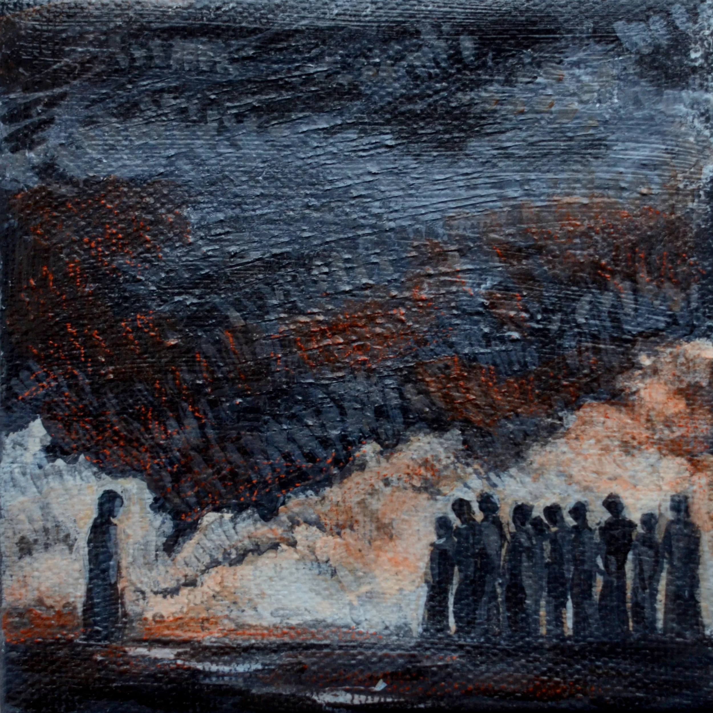Dark abstract painting of shadowy figures under a smoky sky in deep blue and rust tones, somber and dramatic