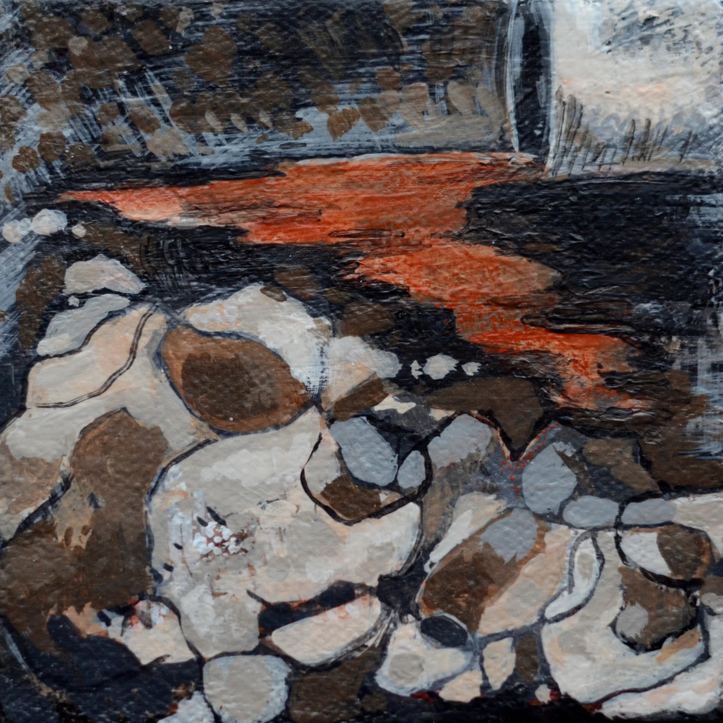 Abstract painting depicting rounded stone-like shapes in beige and brown with a streak of red flowing between them, earthy mood