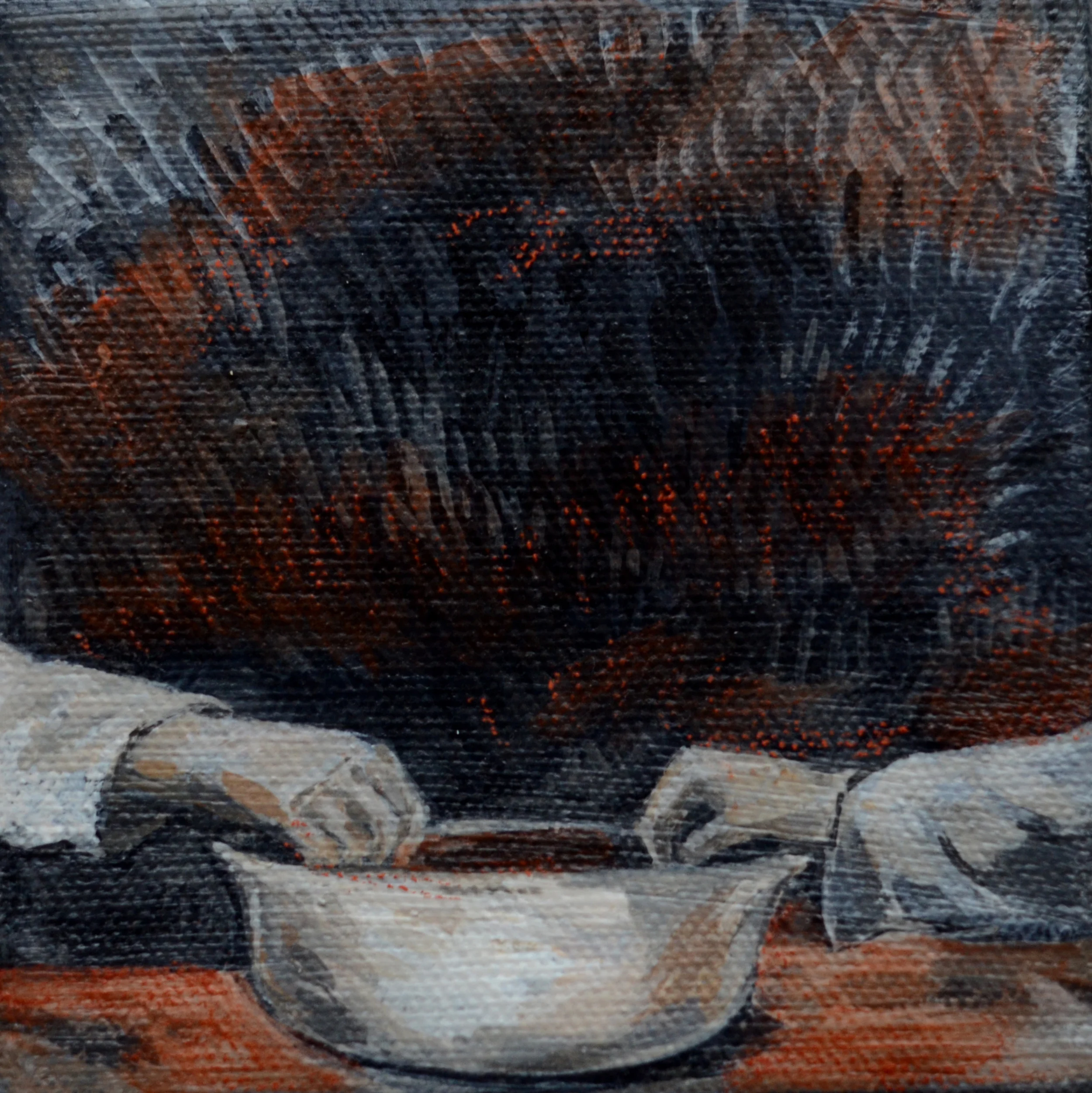 Close-up painting of hands resting near a white bowl on a wooden surface, in muted dark tones with red accents, intimate and contemplative