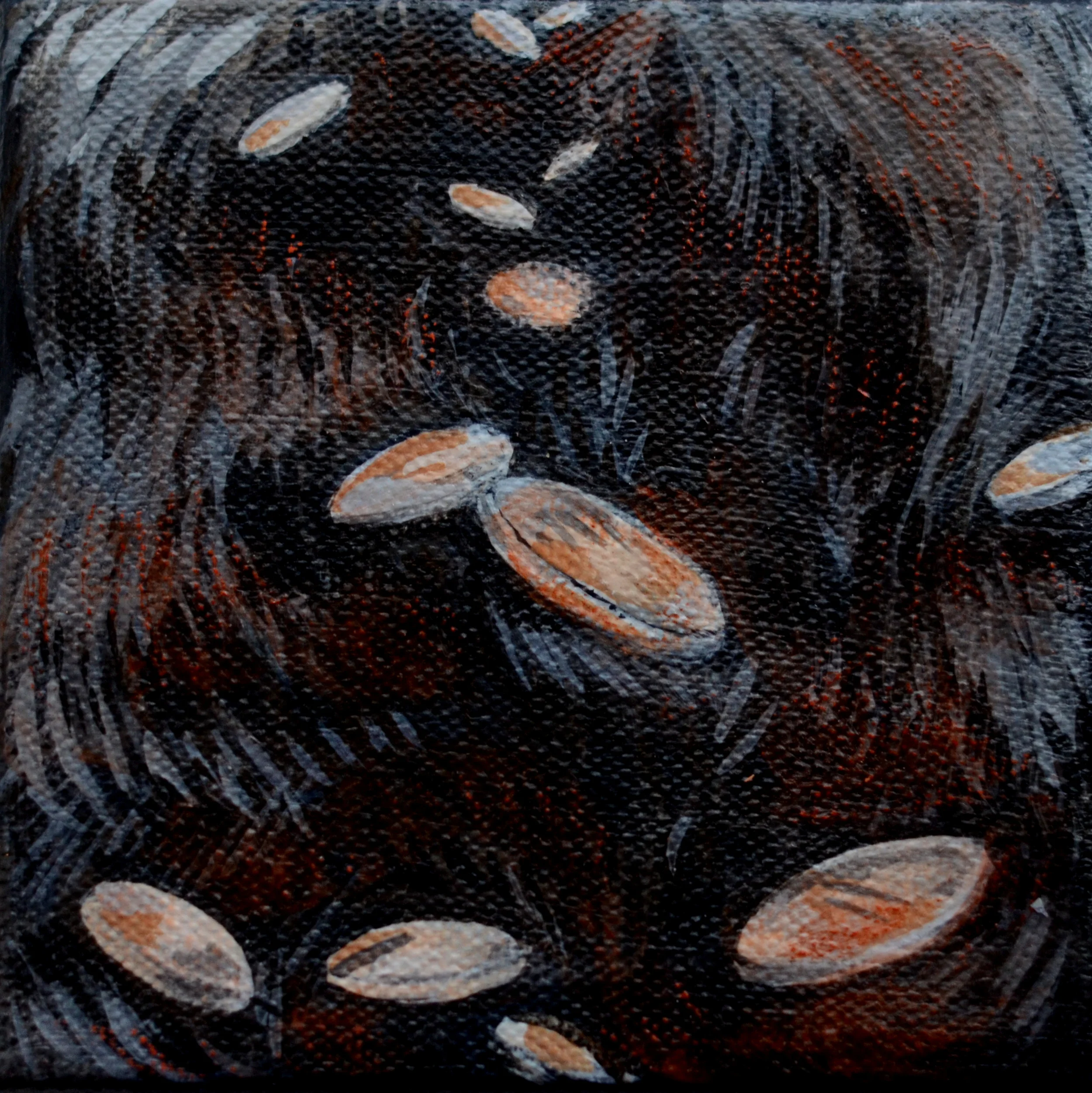Warm-toned abstract painting of scattered oval coin-like shapes in tan and gold against a dark textured background, suggesting generosity and abundance
