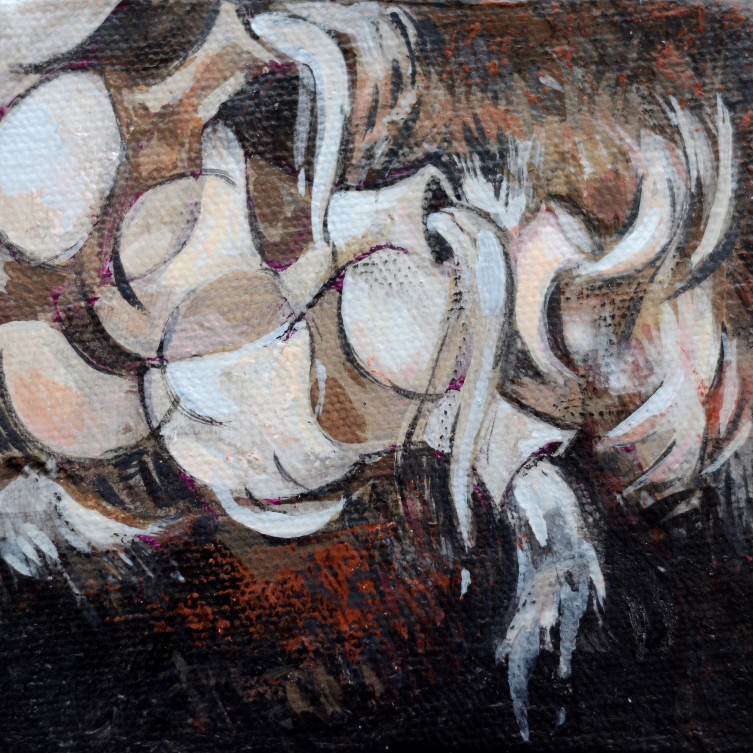 Abstract painting with swirling white and cream floral or feather-like forms over a dark brown and rust background, soft and contemplative mood