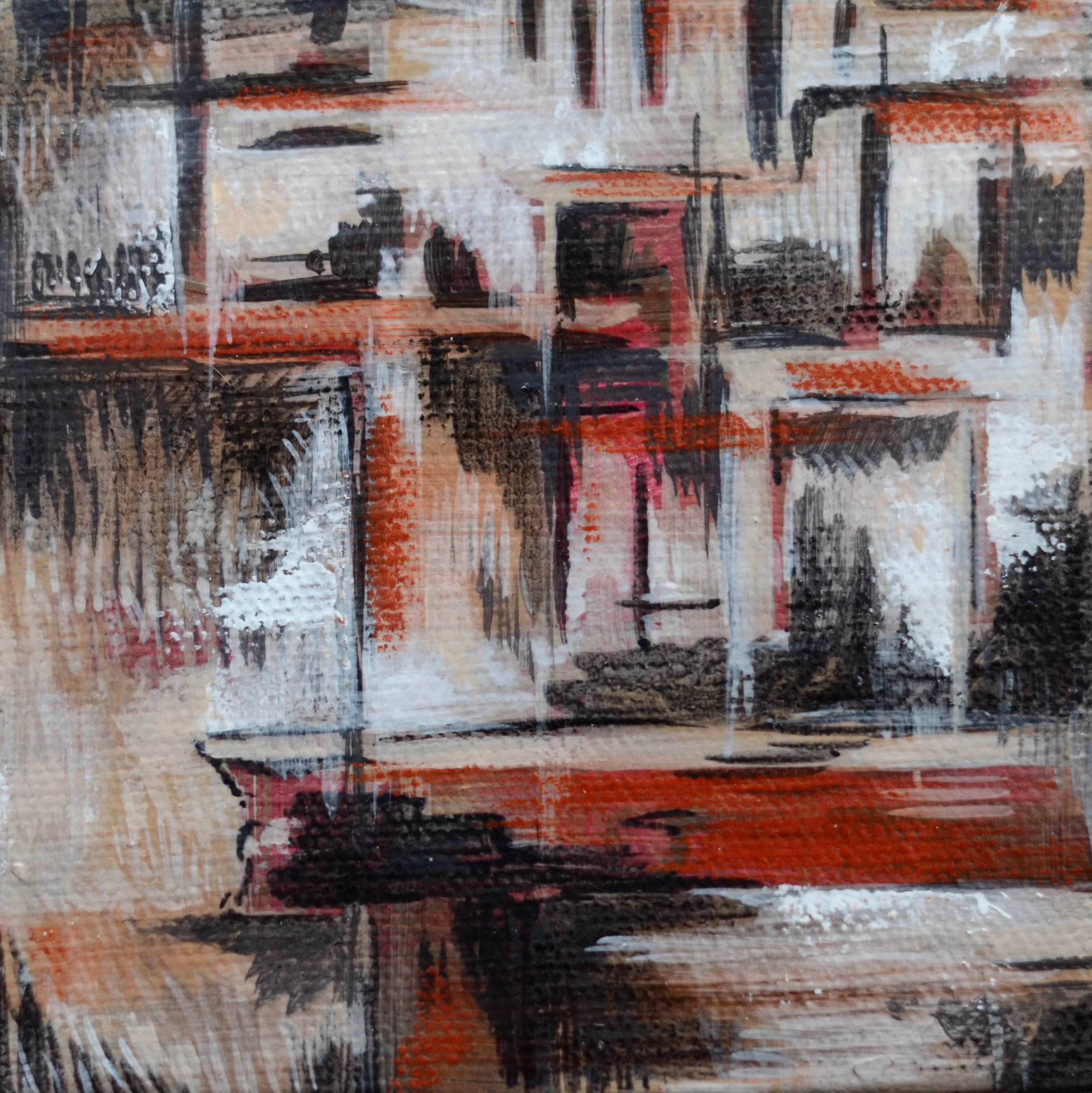 Abstract painting with grid-like architectural forms in orange, black, and cream tones, warm and textured