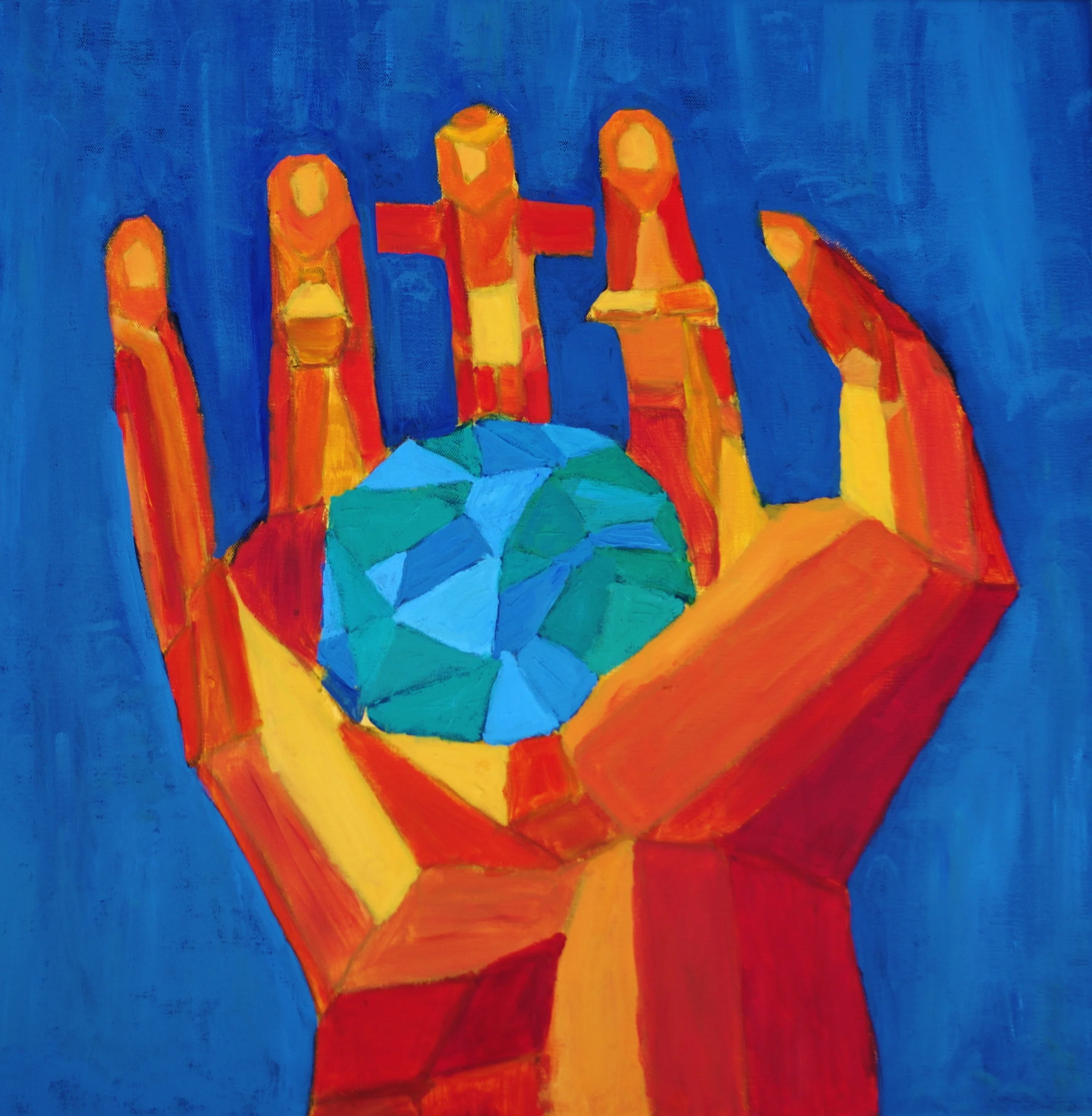 Warm orange and red painting of an open hand holding a blue-green gem, symbolizing care and nurture